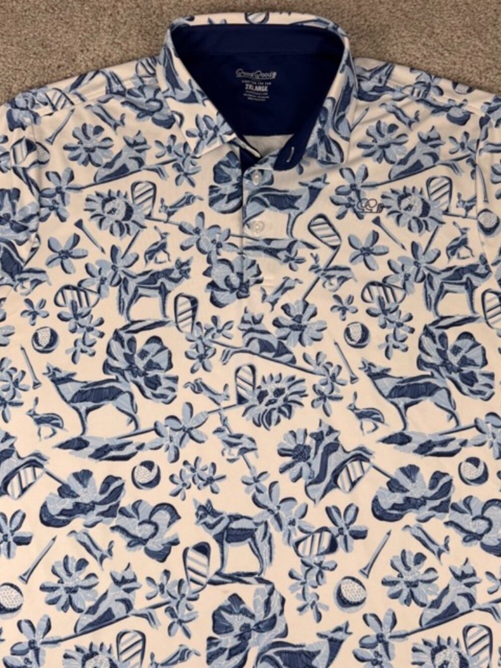 Good Good Golf Wild Side Polo Shirt 2XL Blue/White Graphic Print Stretch Desert